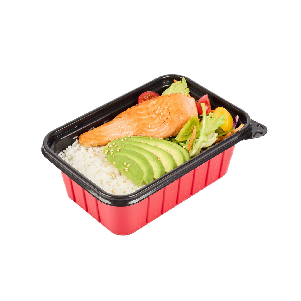 Bento Tek 30 oz Rectangle Red Plastic To Go Box - Microwave-Safe - 7 1/4" x 4 3/4" x 2 3/4" - 200 count box