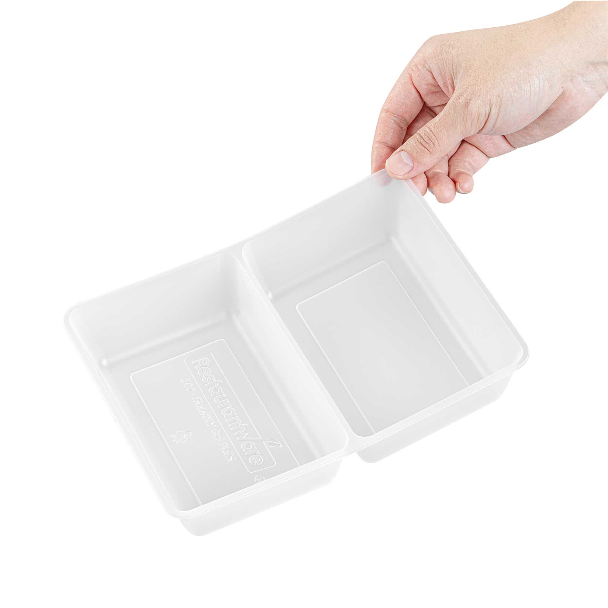 Bio Tek 43 oz White Plastic 2-Compartment Insert Tray - Fits 49 / 71 / 98 Bio Box Take Out Container, Microwave-Safe - 50 count box