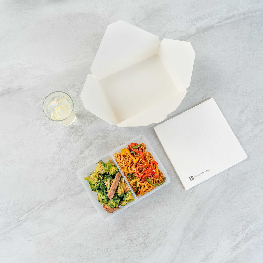 Bio Tek 43 oz White Plastic 2-Compartment Insert Tray - Fits 49 / 71 / 98 Bio Box Take Out Container, Microwave-Safe - 50 count box