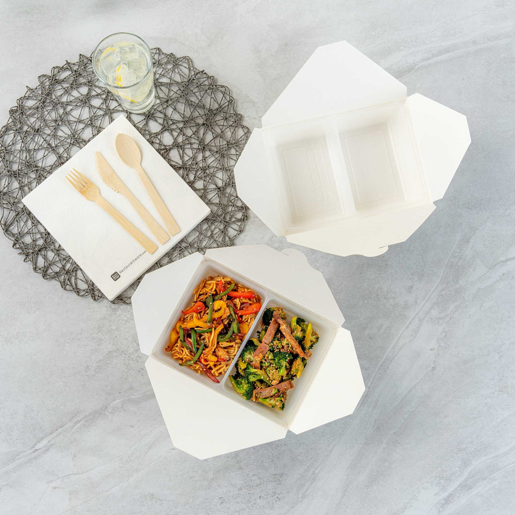 Bio Tek 43 oz White Plastic 2-Compartment Insert Tray - Fits 49 / 71 / 98 Bio Box Take Out Container, Microwave-Safe - 50 count box