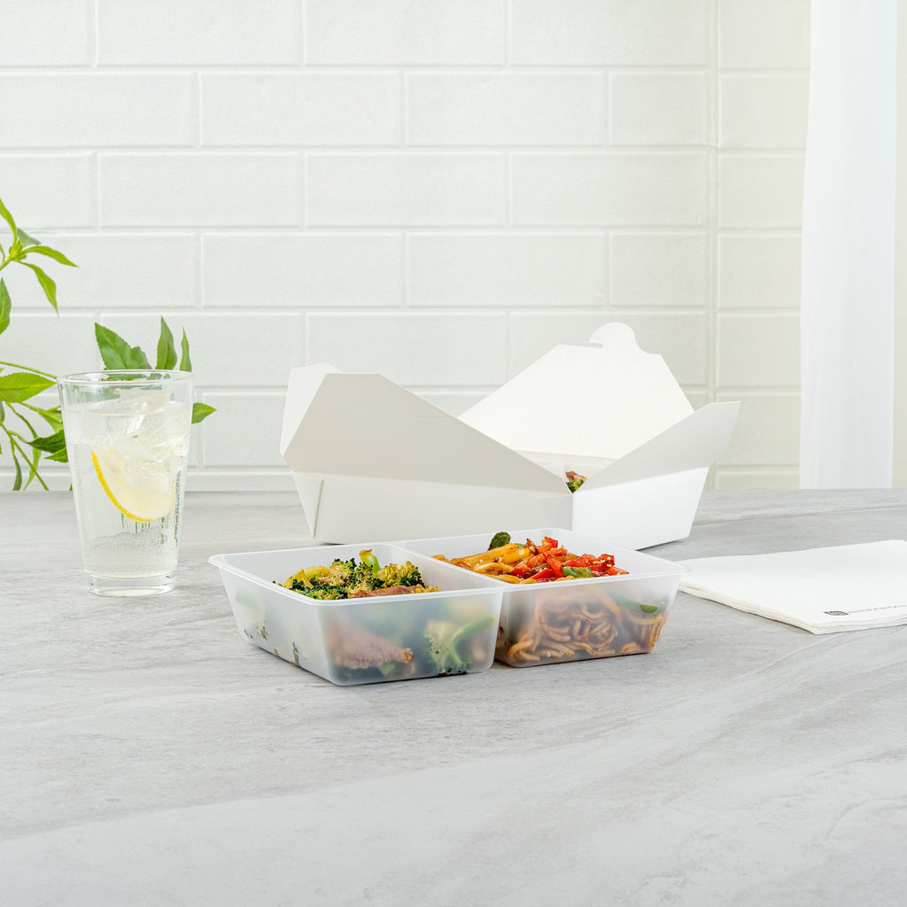 Bio Tek 43 oz White Plastic 2-Compartment Insert Tray - Fits 49 / 71 / 98 Bio Box Take Out Container, Microwave-Safe - 200 count box