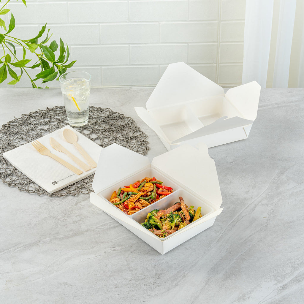 Bio Tek 43 oz White Plastic 2-Compartment Insert Tray - Fits 49 / 71 / 98 Bio Box Take Out Container, Microwave-Safe - 200 count box