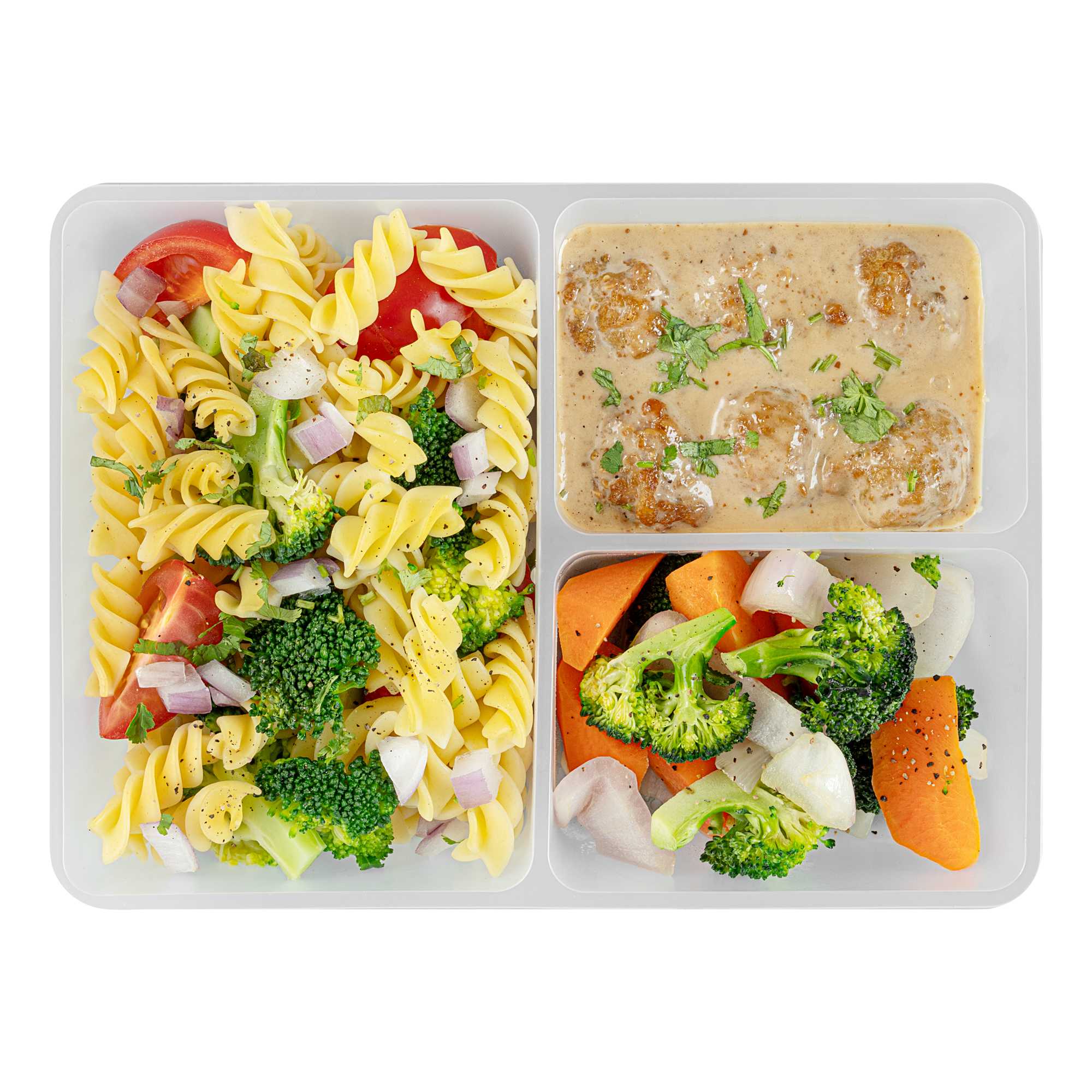 Bio Tek 40 oz White Plastic 3-Compartment Insert Tray - Fits 49 / 71 / 98 Bio Box Take Out Container, Microwave-Safe - 50 count box