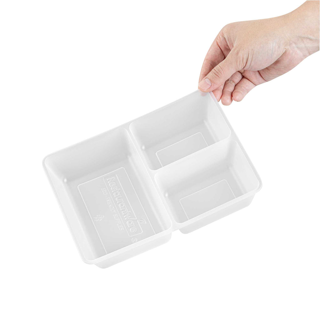 Bio Tek 40 oz White Plastic 3-Compartment Insert Tray - Fits 49 / 71 / 98 Bio Box Take Out Container, Microwave-Safe - 50 count box
