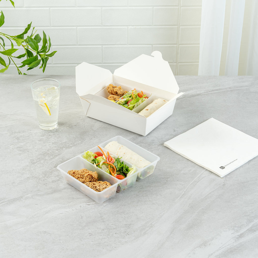 Bio Tek 40 oz White Plastic 3-Compartment Taco Insert Tray - Fits 49 / 71 / 98 Bio Box Take Out Container, Microwave-Safe - 200 count box