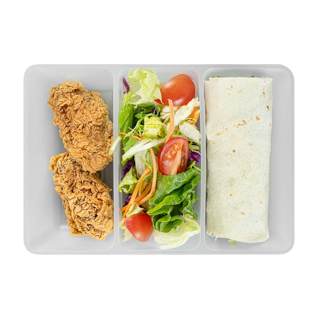 Bio Tek 40 oz White Plastic 3-Compartment Taco Insert Tray - Fits 49 / 71 / 98 Bio Box Take Out Container, Microwave-Safe - 50 count box