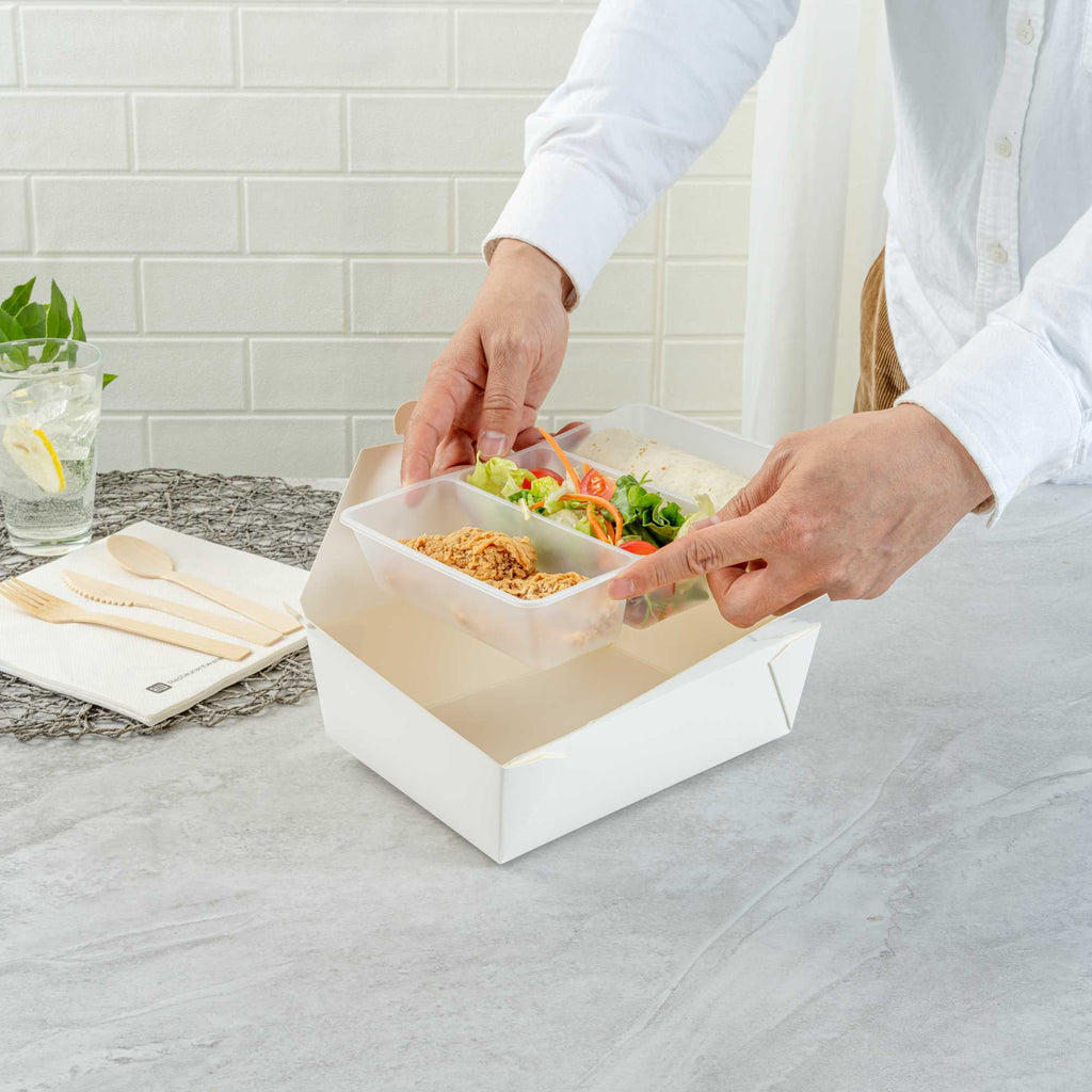 Bio Tek 40 oz White Plastic 3-Compartment Taco Insert Tray - Fits 49 / 71 / 98 Bio Box Take Out Container, Microwave-Safe - 50 count box