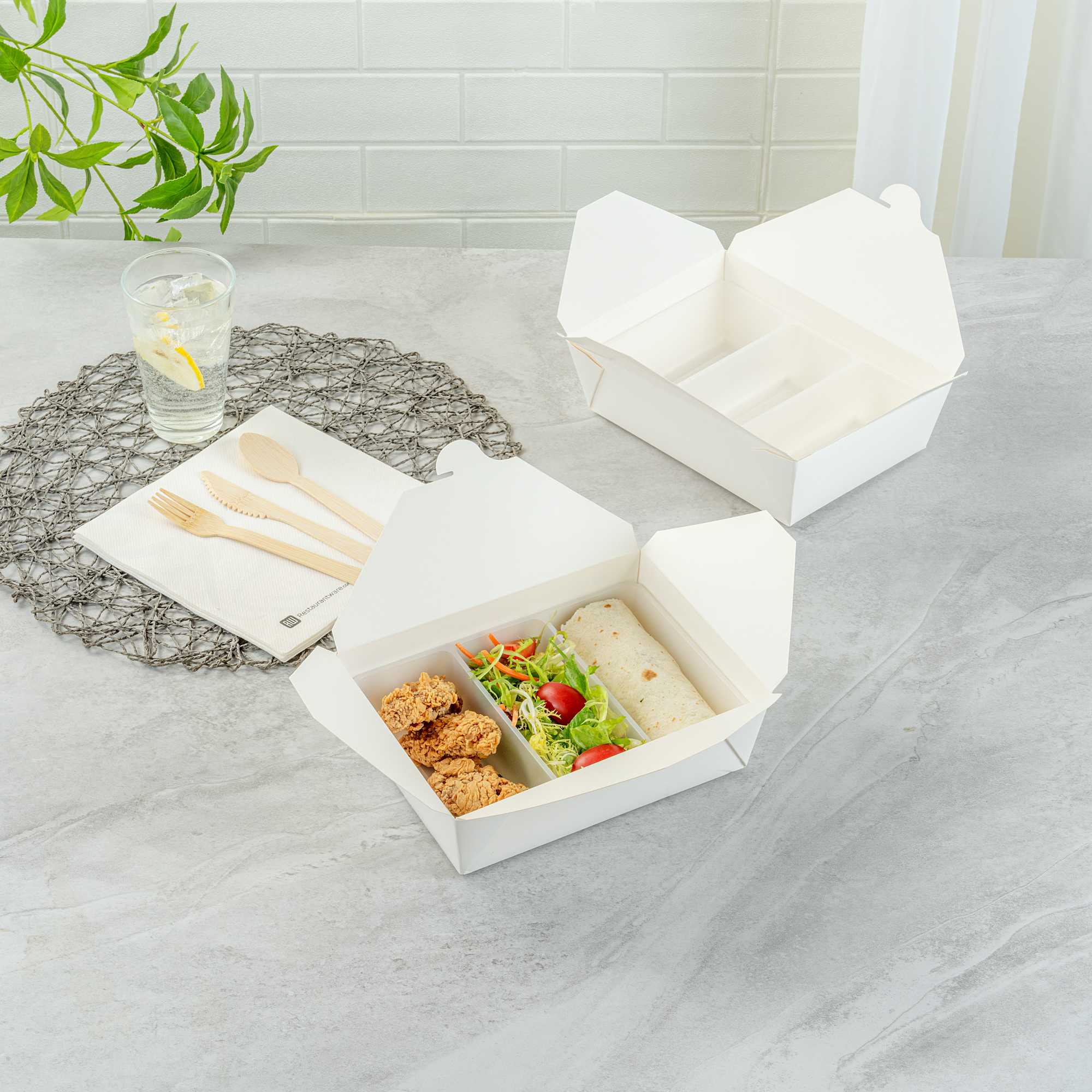 Bio Tek 40 oz White Plastic 3-Compartment Taco Insert Tray - Fits 49 / 71 / 98 Bio Box Take Out Container, Microwave-Safe - 50 count box
