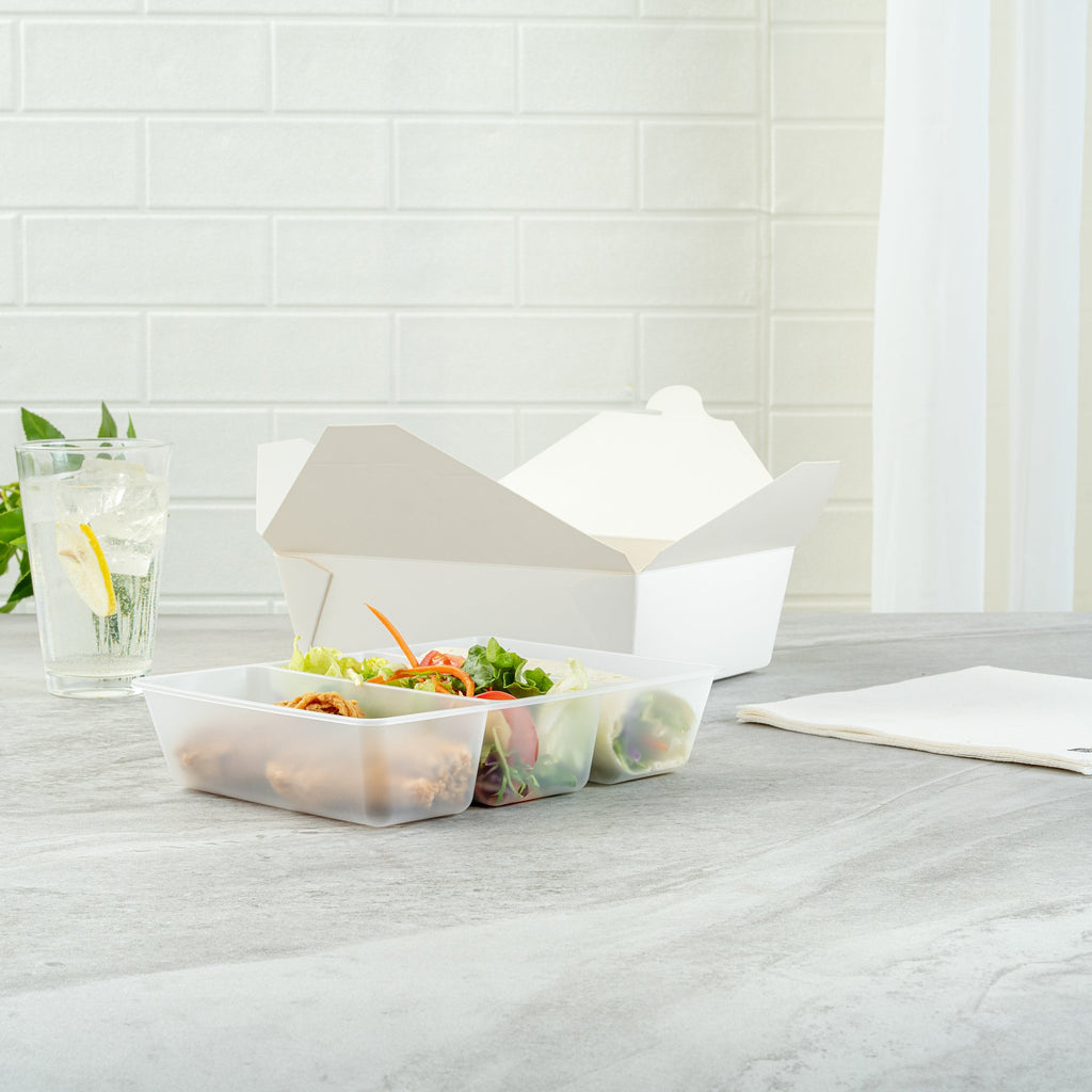 Bio Tek 40 oz White Plastic 3-Compartment Taco Insert Tray - Fits 49 / 71 / 98 Bio Box Take Out Container, Microwave-Safe - 200 count box