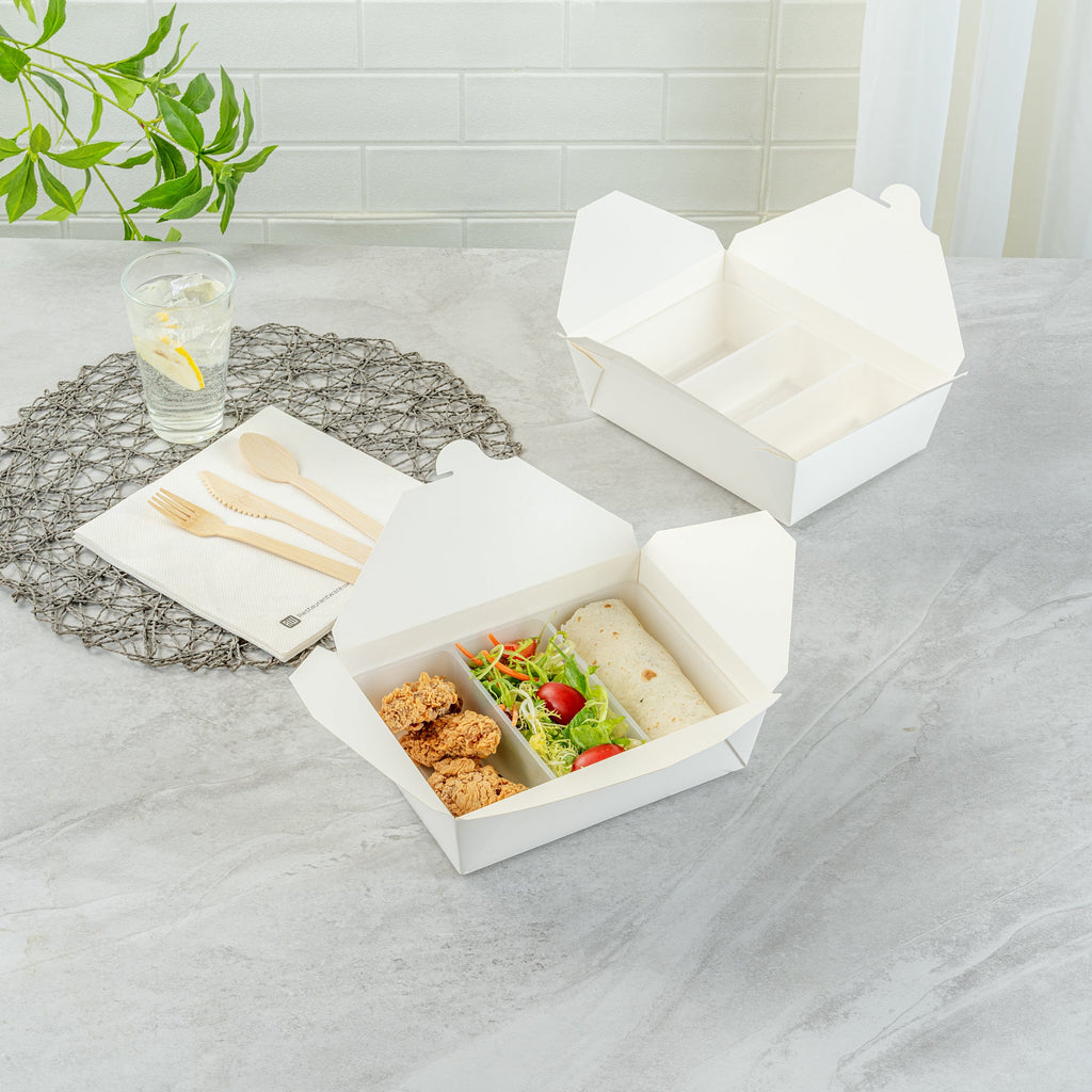 Bio Tek 40 oz White Plastic 3-Compartment Taco Insert Tray - Fits 49 / 71 / 98 Bio Box Take Out Container, Microwave-Safe - 200 count box