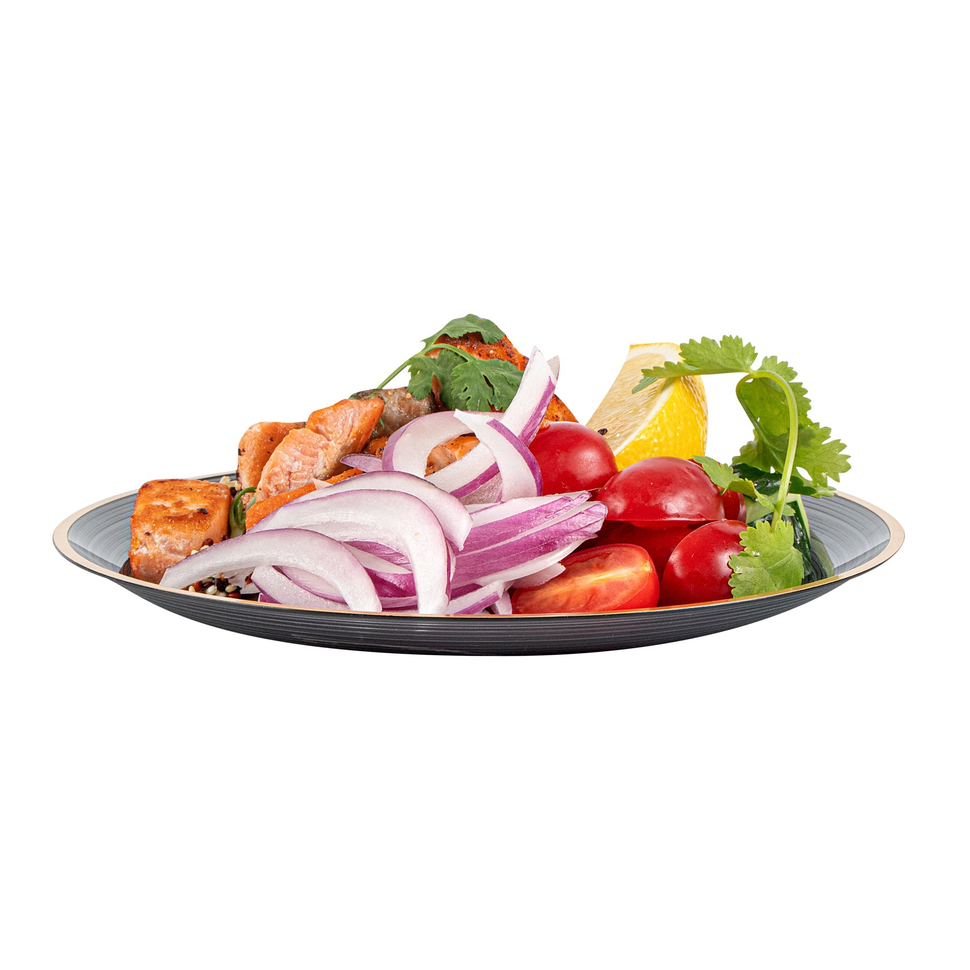 Moderna Round Black Translucent Plastic Gold-Rimmed Plate - Rippled - 7 1/4" x 7 1/4" - 20 count box