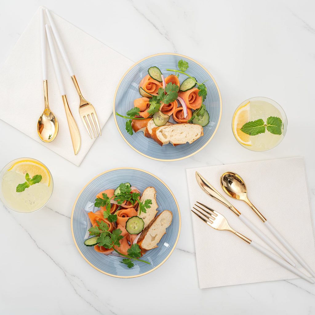 Moderna Round Blue Translucent Plastic Gold-Rimmed Plate - Rippled - 7 1/4" x 7 1/4" - 20 count box