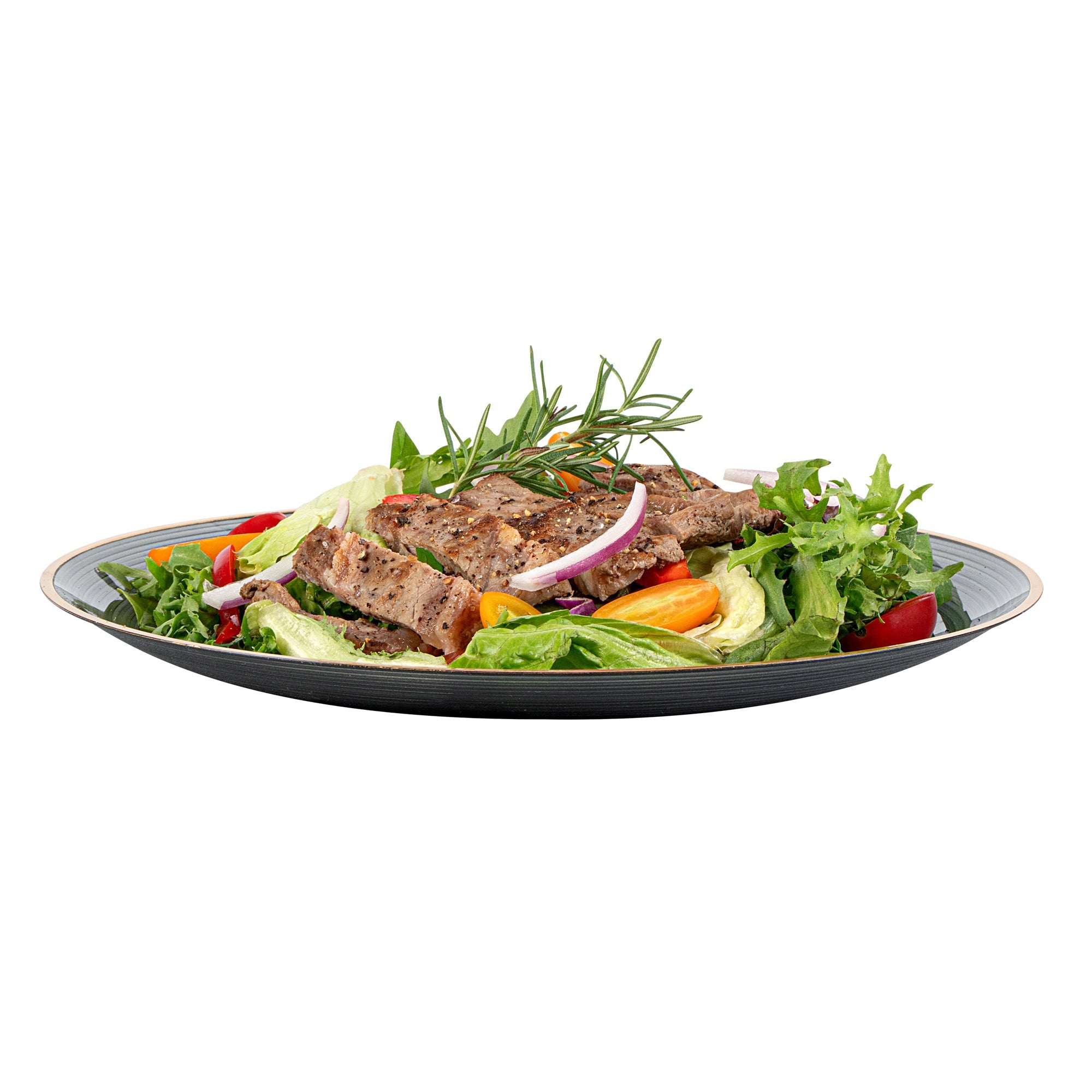 Moderna Round Black Translucent Plastic Gold-Rimmed Plate - Rippled - 10" x 10" - 20 count box