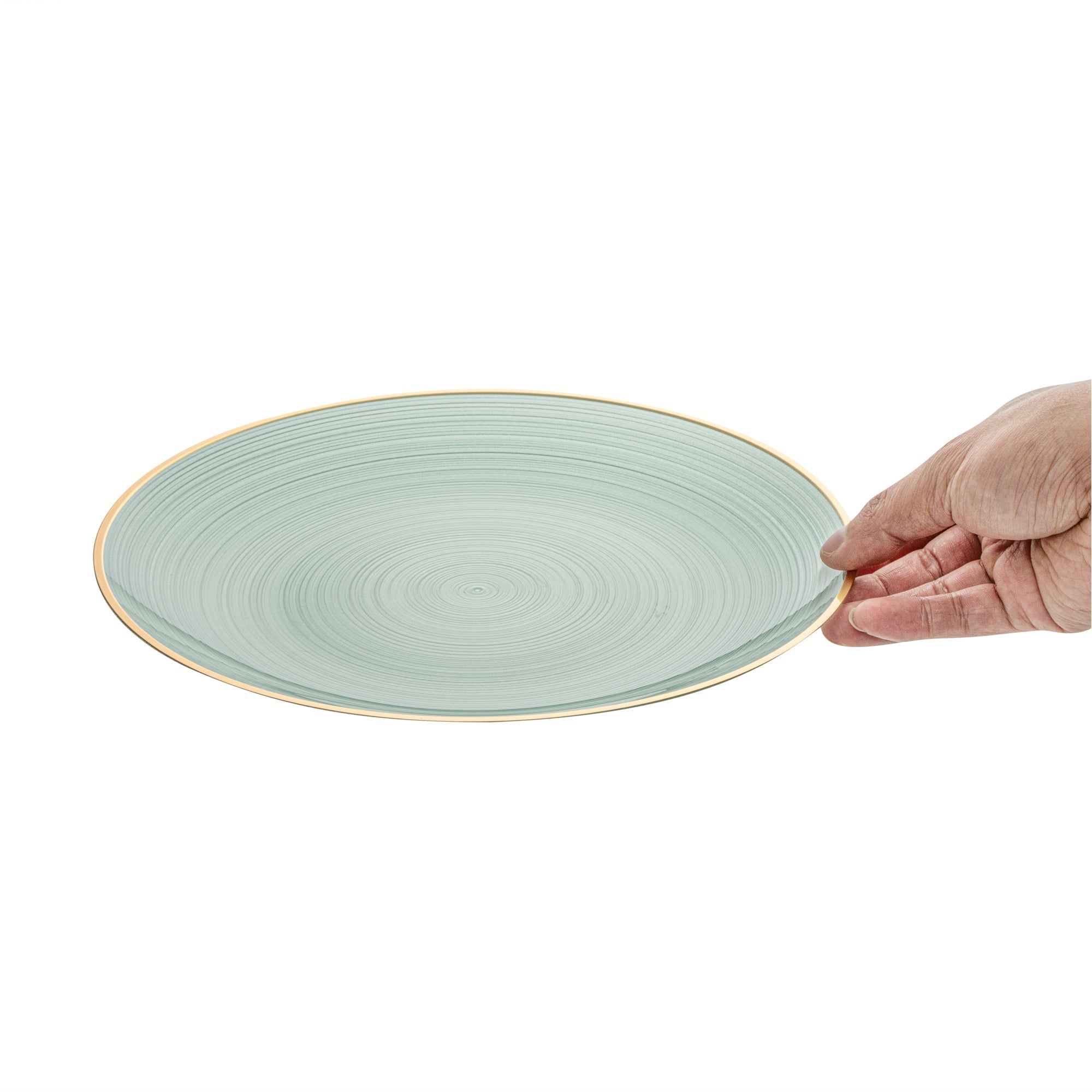 Moderna Round Green Translucent Plastic Gold-Rimmed Plate - Rippled - 10" x 10" - 20 count box
