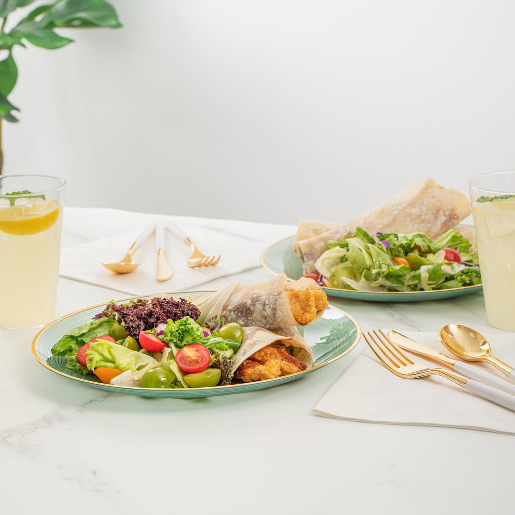 Moderna Round Green Translucent Plastic Gold-Rimmed Plate - Rippled - 10" x 10" - 20 count box