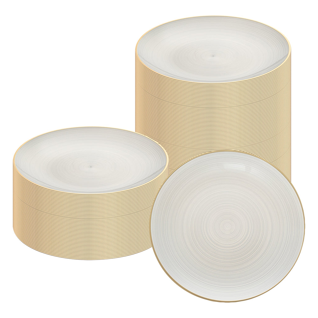 Moderna Round White Translucent Plastic Gold-Rimmed Plate - Rippled - 10" x 10" - 100 count box