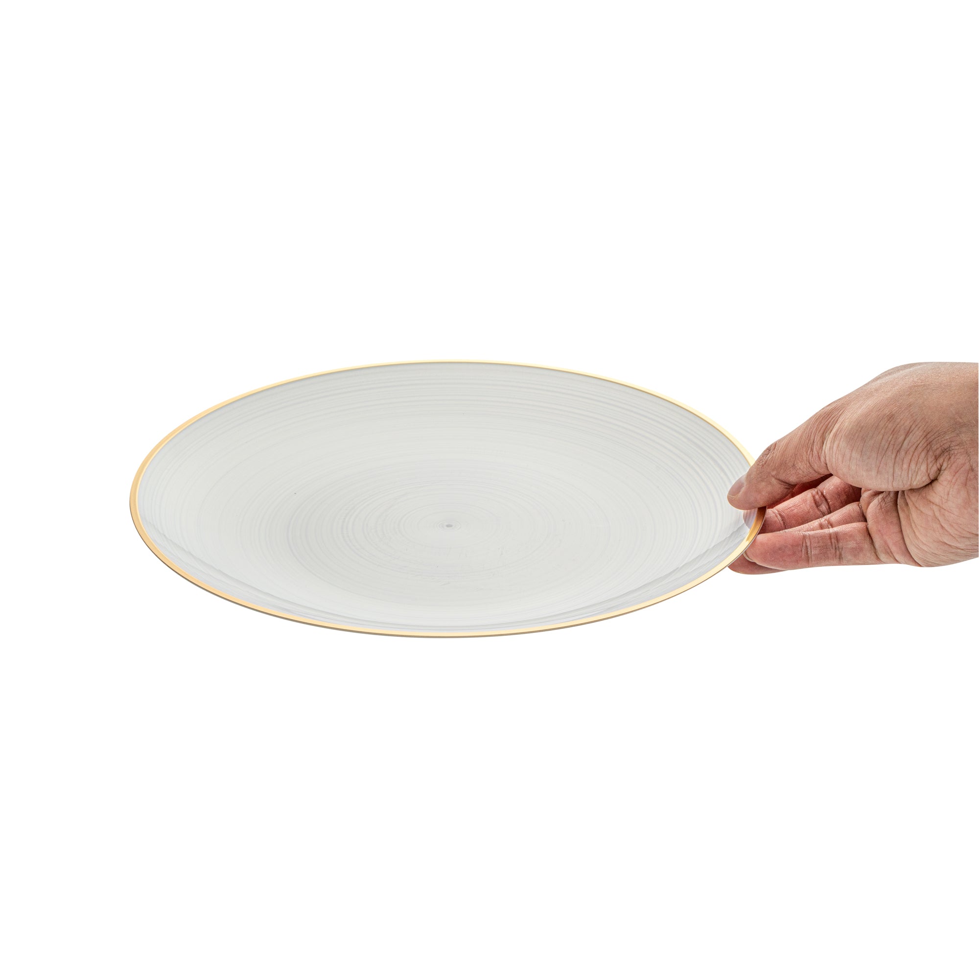 Moderna Round White Translucent Plastic Gold-Rimmed Plate - Rippled - 10" x 10" - 100 count box