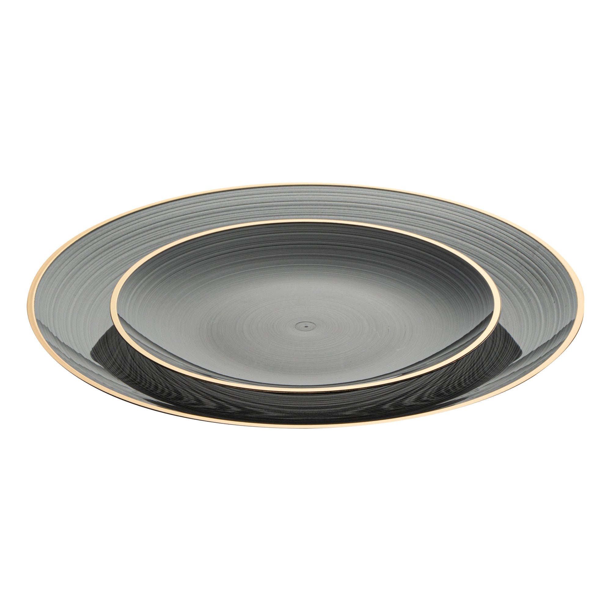 Moderna Round Black Translucent Plastic Gold-Rimmed Plate Set - Rippled, Includes 7 1/4" and 10" Plates - 200 count box