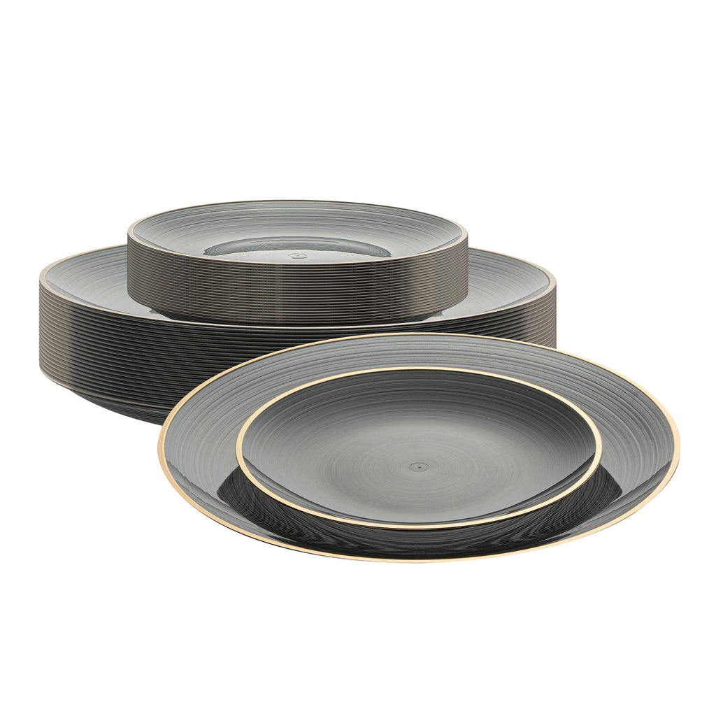 Moderna Round Black Translucent Plastic Gold-Rimmed Plate Set - Rippled, Includes 7 1/4" and 10" Plates - 200 count box