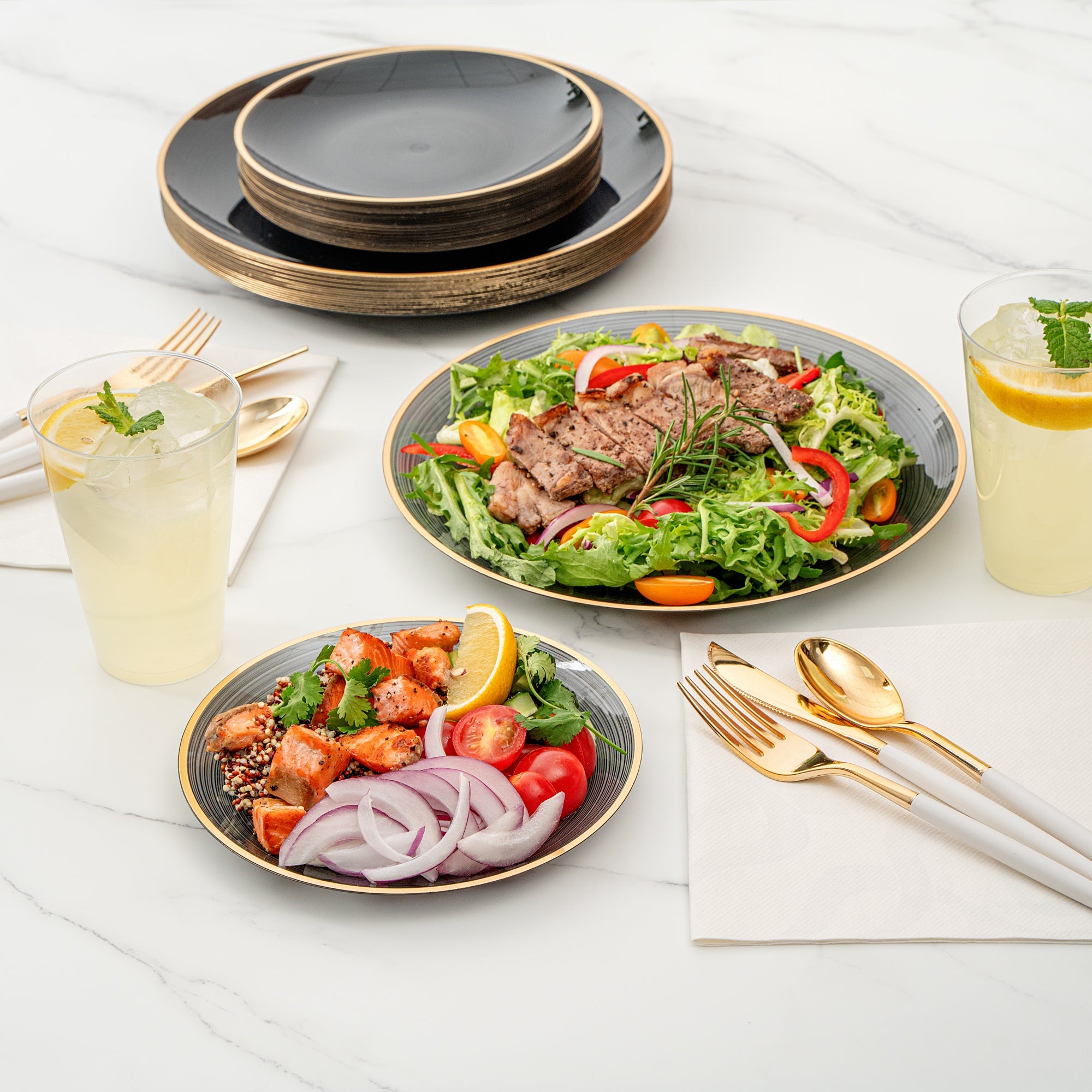 Moderna Round Black Translucent Plastic Gold-Rimmed Plate Set - Rippled, Includes 7 1/4" and 10" Plates - 200 count box
