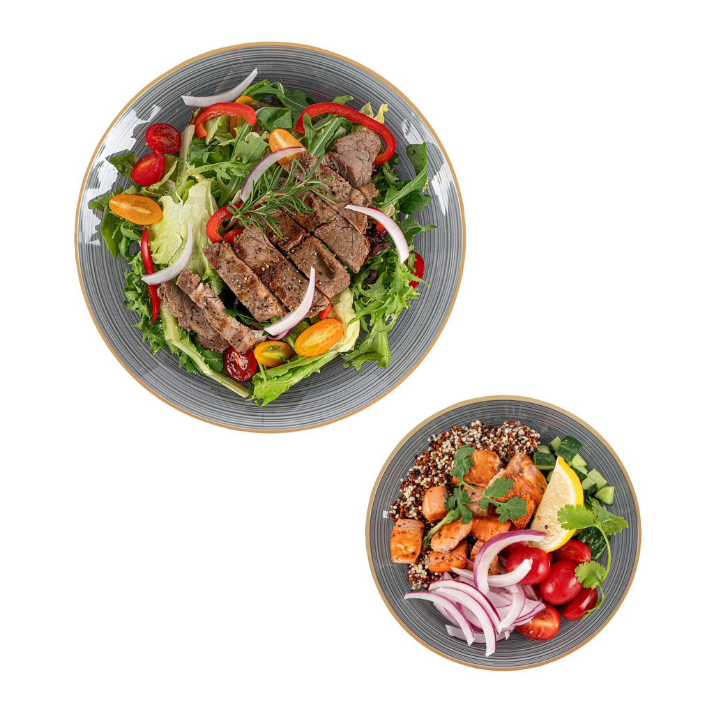 Moderna Round Black Translucent Plastic Gold-Rimmed Plate Set - Rippled, Includes 7 1/4" and 10" Plates - 40 count box