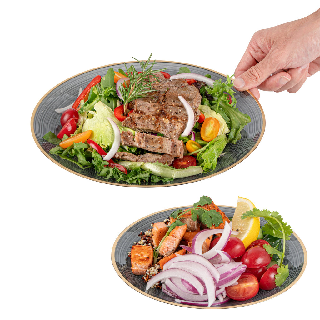 Moderna Round Black Translucent Plastic Gold-Rimmed Plate Set - Rippled, Includes 7 1/4" and 10" Plates - 40 count box