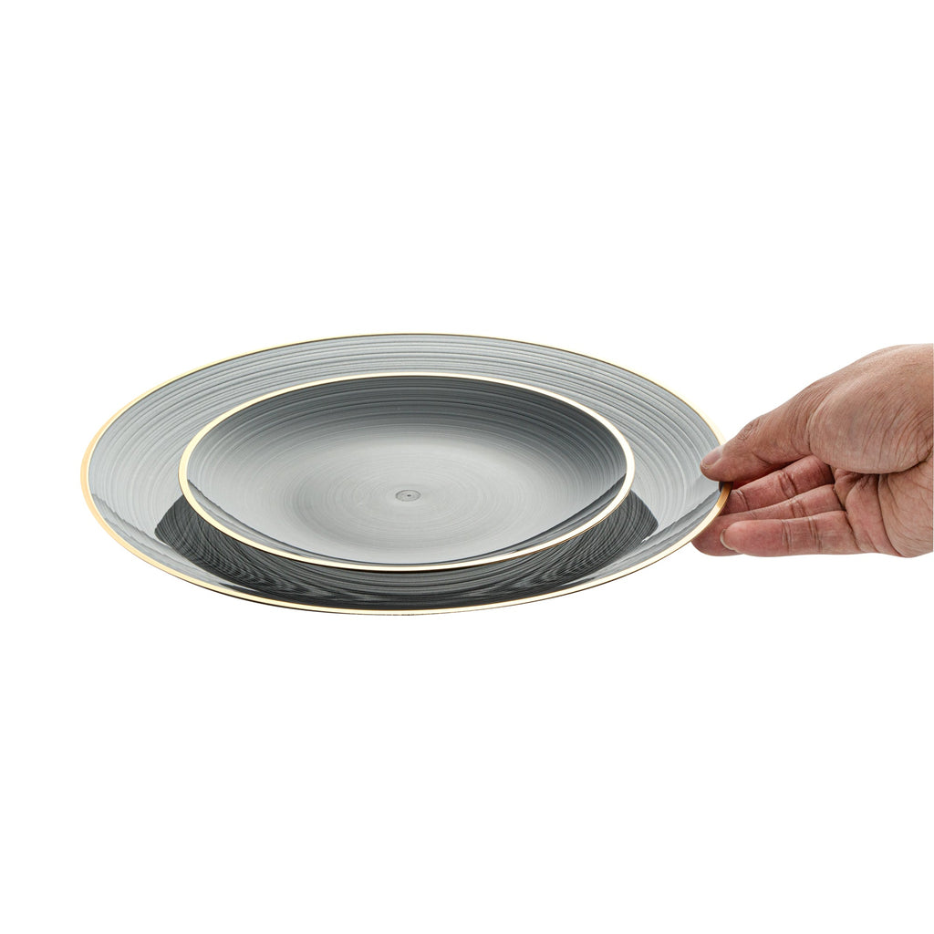 Moderna Round Black Translucent Plastic Gold-Rimmed Plate Set - Rippled, Includes 7 1/4" and 10" Plates - 40 count box