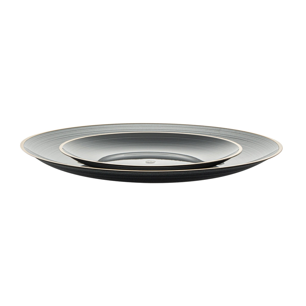 Moderna Round Black Translucent Plastic Gold-Rimmed Plate Set - Rippled, Includes 7 1/4" and 10" Plates - 40 count box