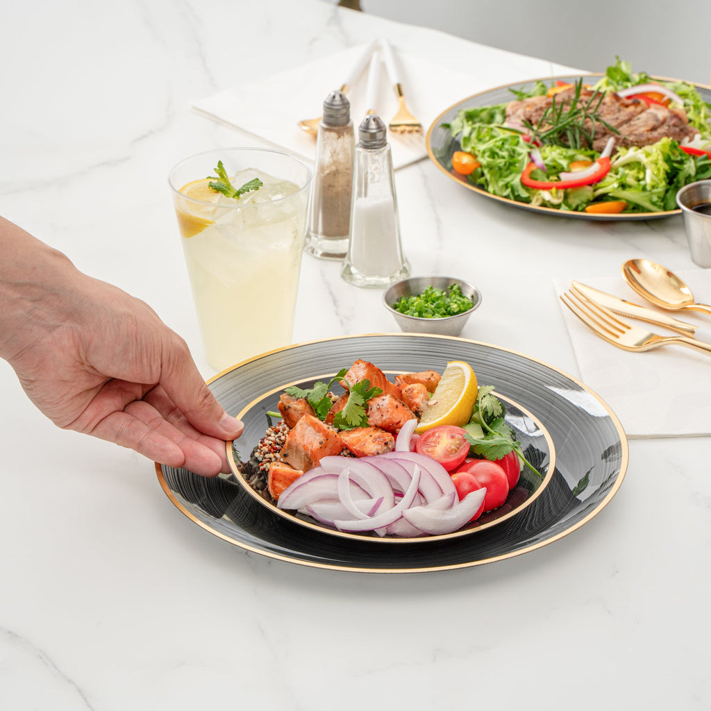 Moderna Round Black Translucent Plastic Gold-Rimmed Plate Set - Rippled, Includes 7 1/4" and 10" Plates - 40 count box
