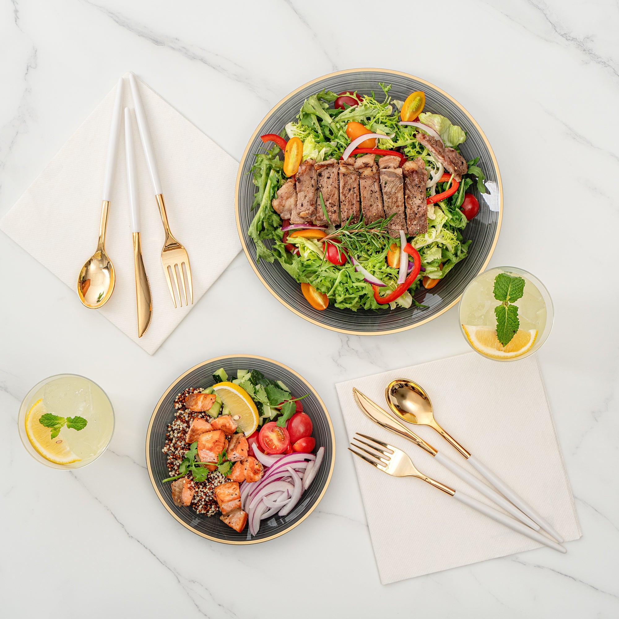Moderna Round Black Translucent Plastic Gold-Rimmed Plate Set - Rippled, Includes 7 1/4" and 10" Plates - 40 count box