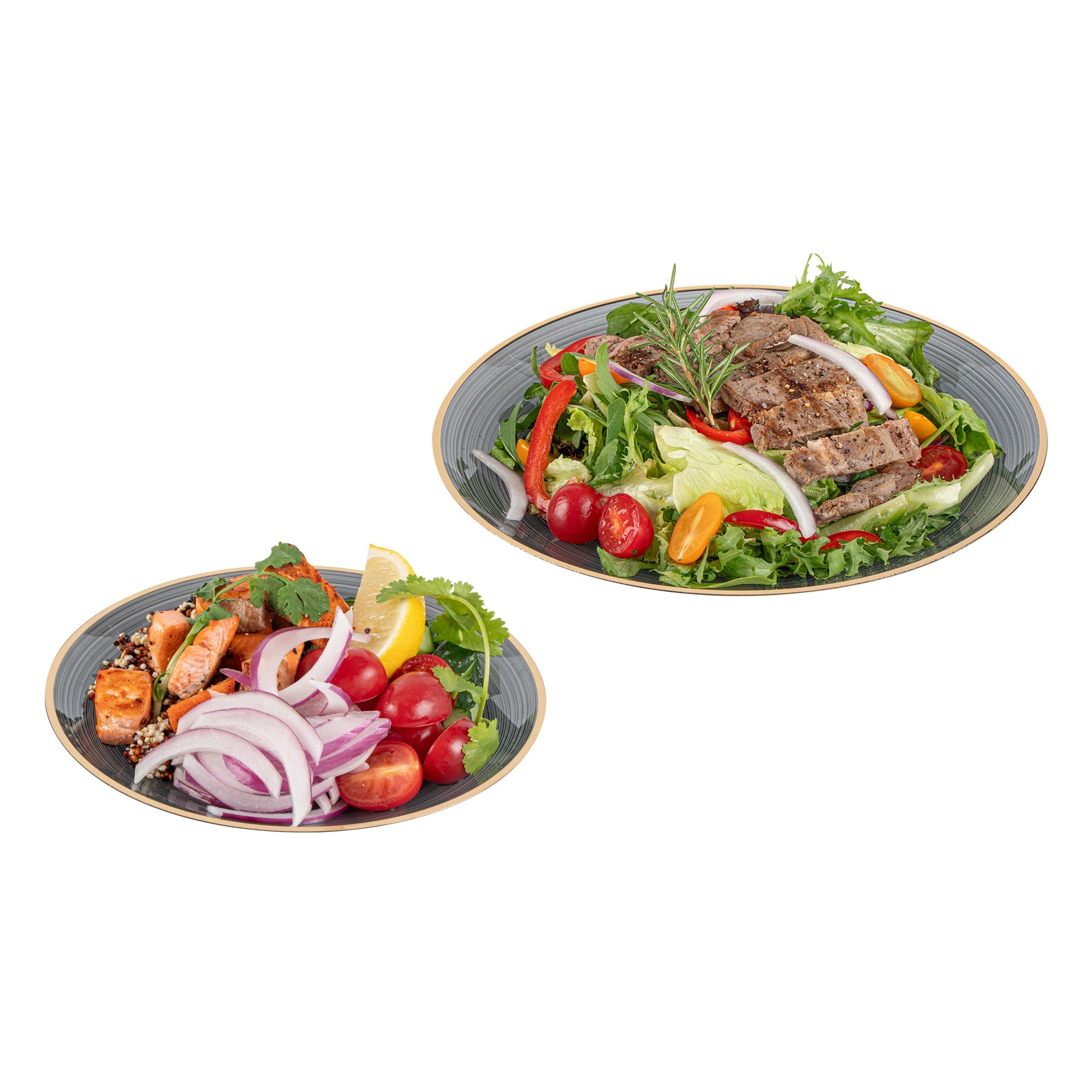 Moderna Round Black Translucent Plastic Gold-Rimmed Plate Set - Rippled, Includes 7 1/4" and 10" Plates - 200 count box