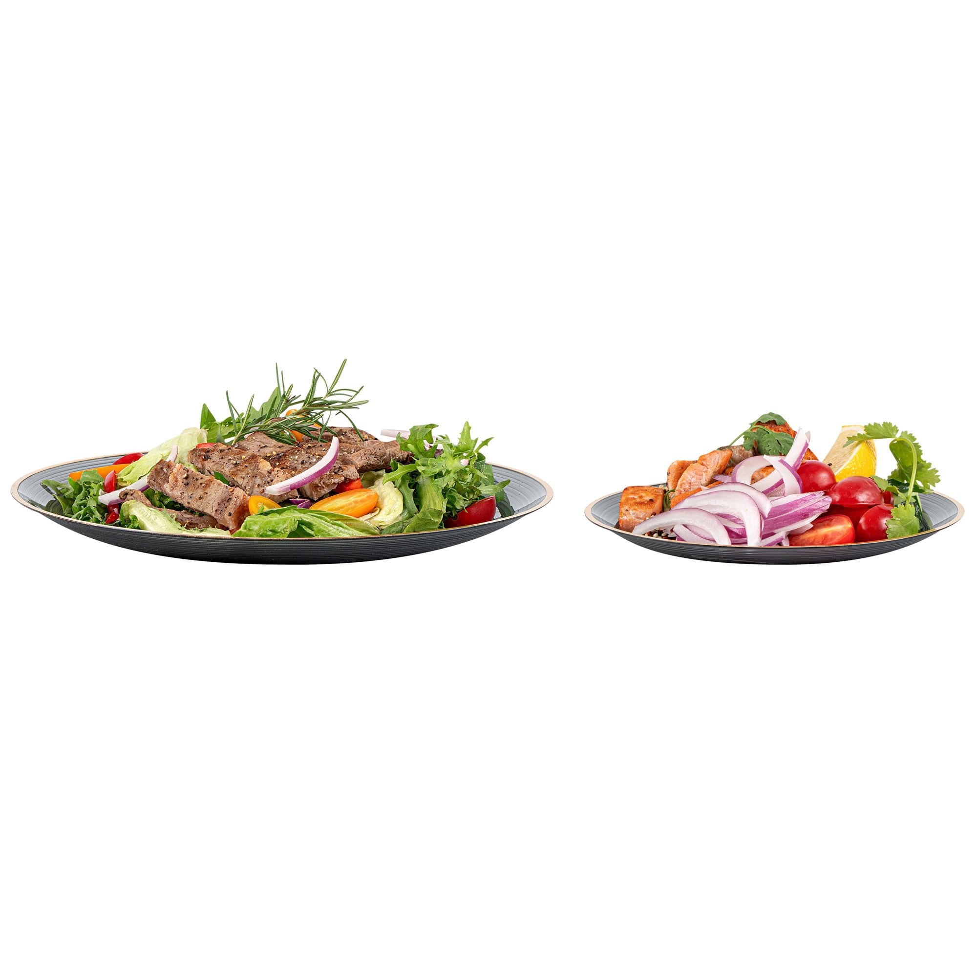 Moderna Round Black Translucent Plastic Gold-Rimmed Plate Set - Rippled, Includes 7 1/4" and 10" Plates - 200 count box