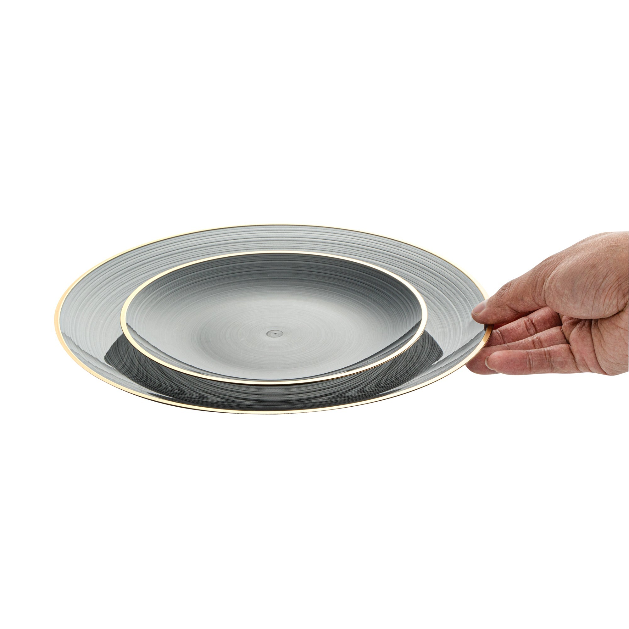 Moderna Round Black Translucent Plastic Gold-Rimmed Plate Set - Rippled, Includes 7 1/4" and 10" Plates - 200 count box