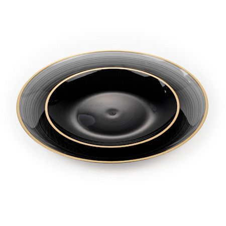 Moderna Round Black Translucent Plastic Gold-Rimmed Plate Set - Rippled, Includes 7 1/4" and 10" Plates - 200 count box