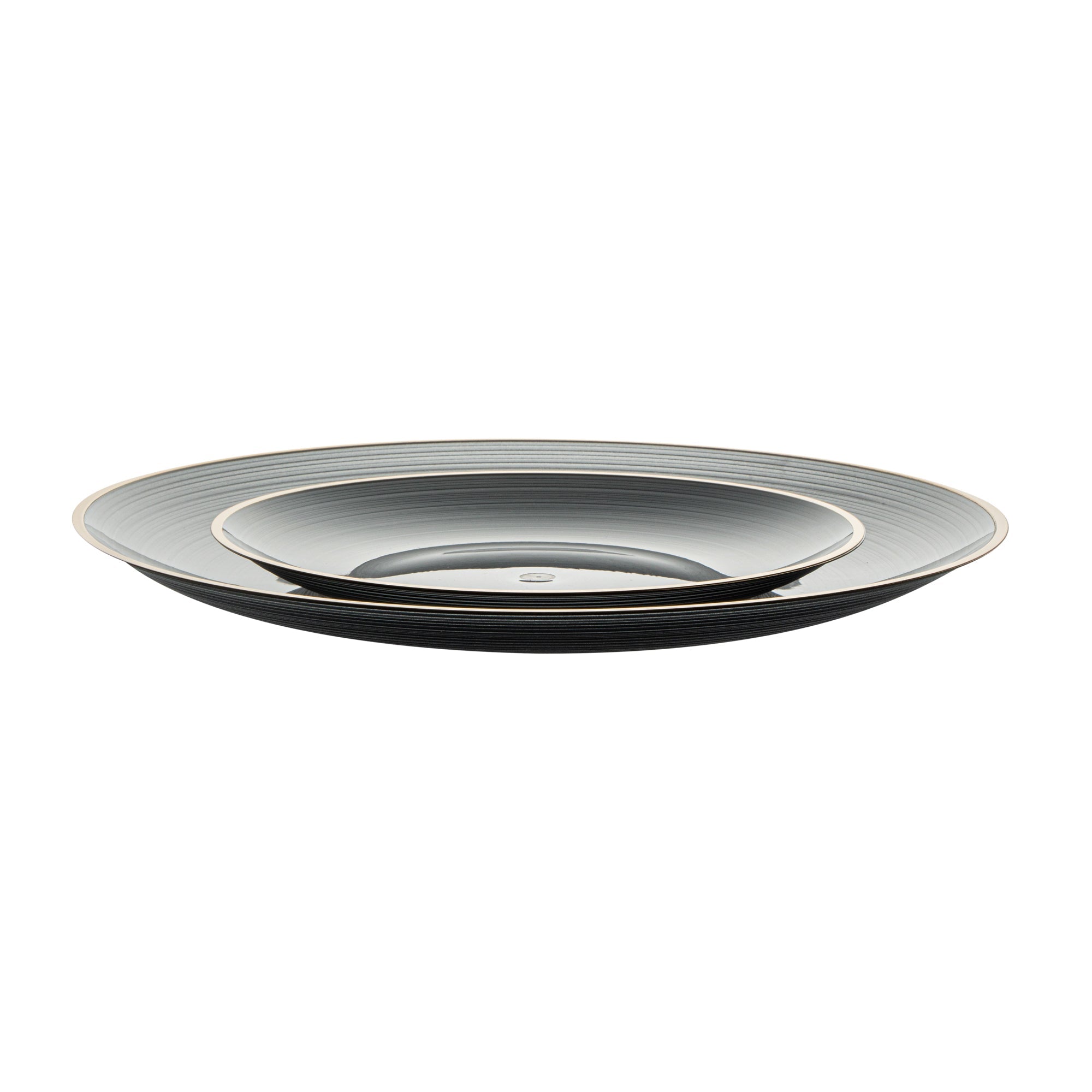 Moderna Round Black Translucent Plastic Gold-Rimmed Plate Set - Rippled, Includes 7 1/4" and 10" Plates - 200 count box