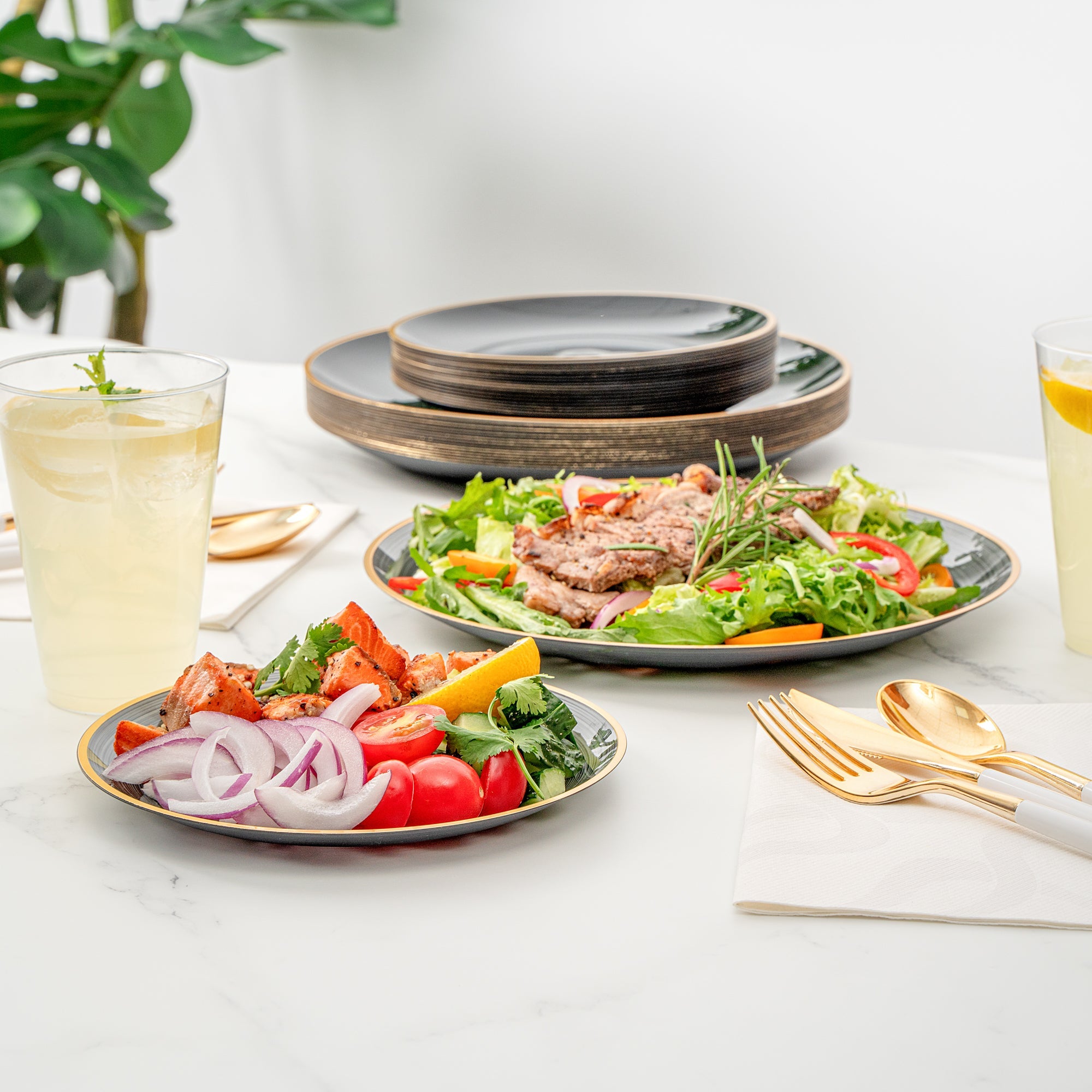 Moderna Round Black Translucent Plastic Gold-Rimmed Plate Set - Rippled, Includes 7 1/4" and 10" Plates - 200 count box