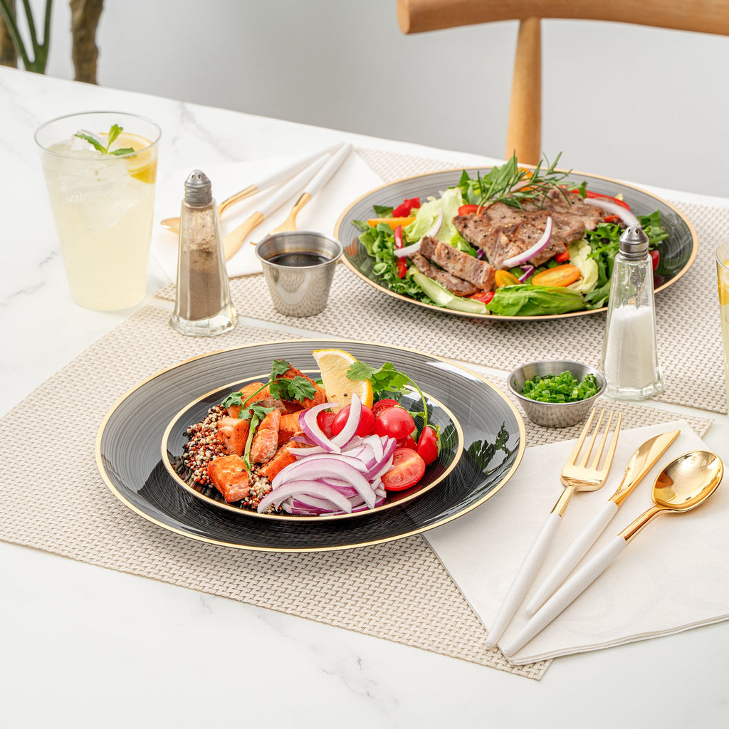 Moderna Round Black Translucent Plastic Gold-Rimmed Plate Set - Rippled, Includes 7 1/4" and 10" Plates - 200 count box