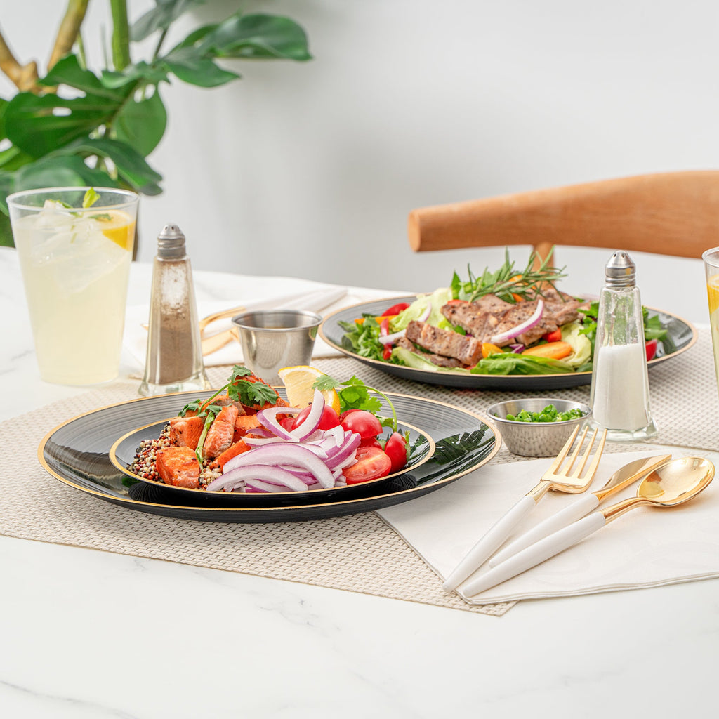 Moderna Round Black Translucent Plastic Gold-Rimmed Plate Set - Rippled, Includes 7 1/4" and 10" Plates - 200 count box