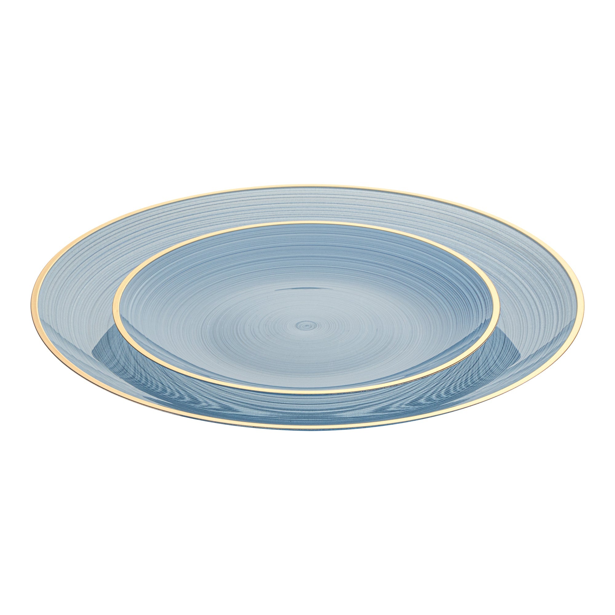 Moderna Round Blue Translucent Plastic Gold-Rimmed Plate Set - Rippled, Includes 7 1/4" and 10" Plates - 40 count box