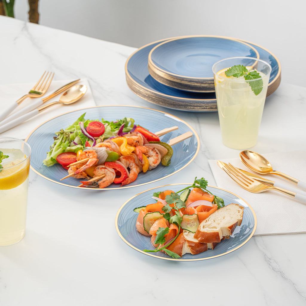 Moderna Round Blue Translucent Plastic Gold-Rimmed Plate Set - Rippled, Includes 7 1/4" and 10" Plates - 40 count box