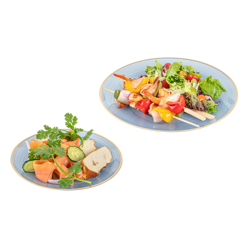 Moderna Round Blue Translucent Plastic Gold-Rimmed Plate Set - Rippled, Includes 7 1/4" and 10" Plates - 40 count box