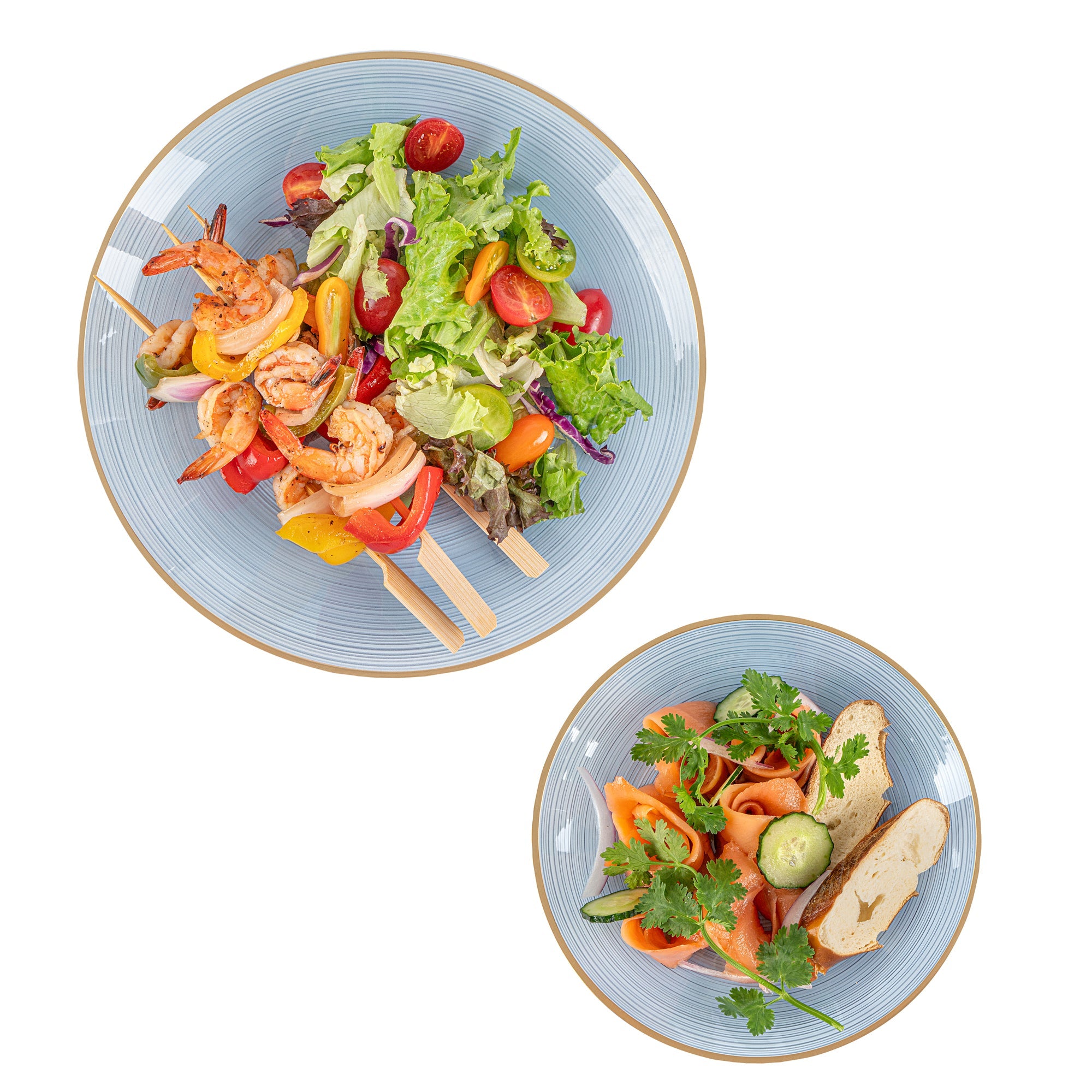 Moderna Round Blue Translucent Plastic Gold-Rimmed Plate Set - Rippled, Includes 7 1/4" and 10" Plates - 40 count box