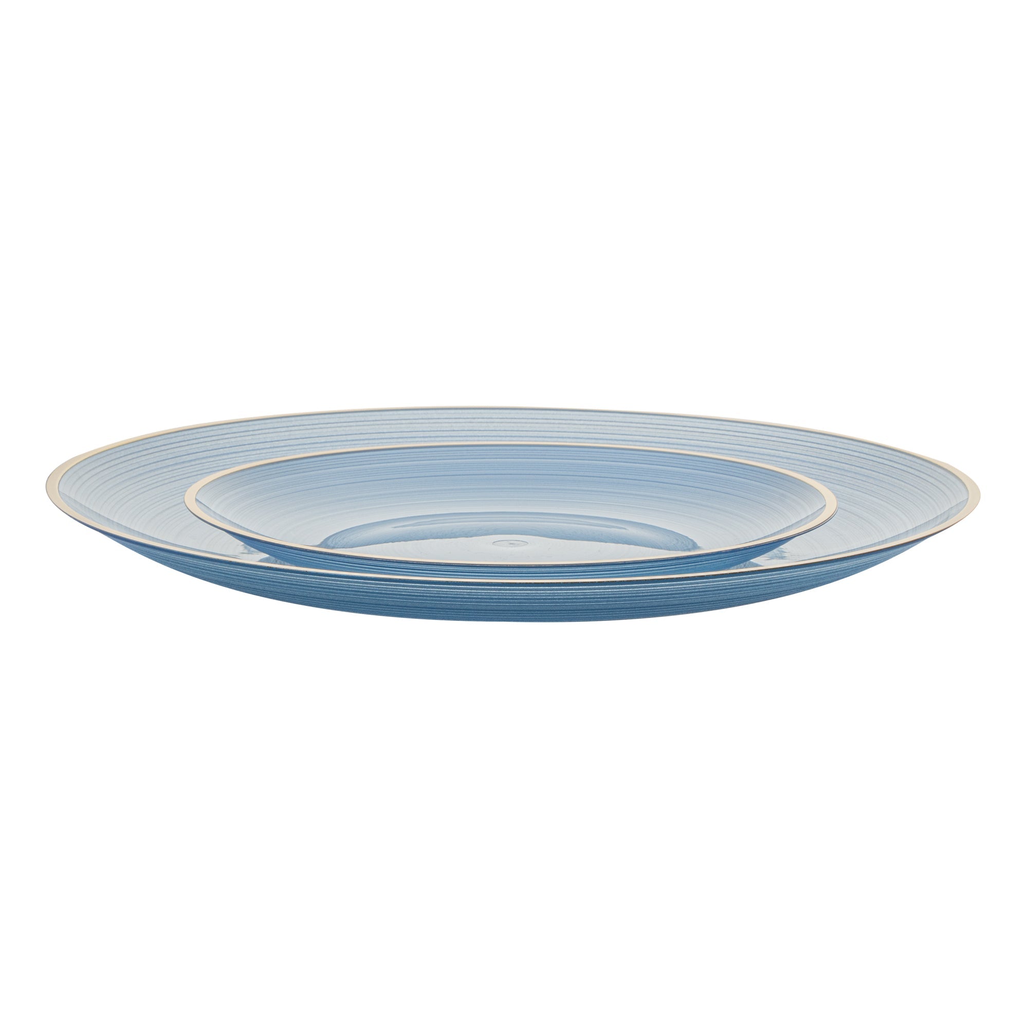 Moderna Round Blue Translucent Plastic Gold-Rimmed Plate Set - Rippled, Includes 7 1/4" and 10" Plates - 40 count box