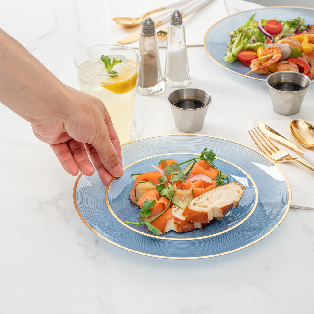 Moderna Round Blue Translucent Plastic Gold-Rimmed Plate Set - Rippled, Includes 7 1/4" and 10" Plates - 40 count box