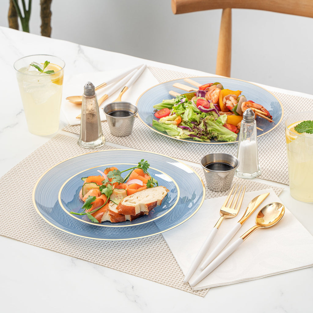 Moderna Round Blue Translucent Plastic Gold-Rimmed Plate Set - Rippled, Includes 7 1/4" and 10" Plates - 40 count box