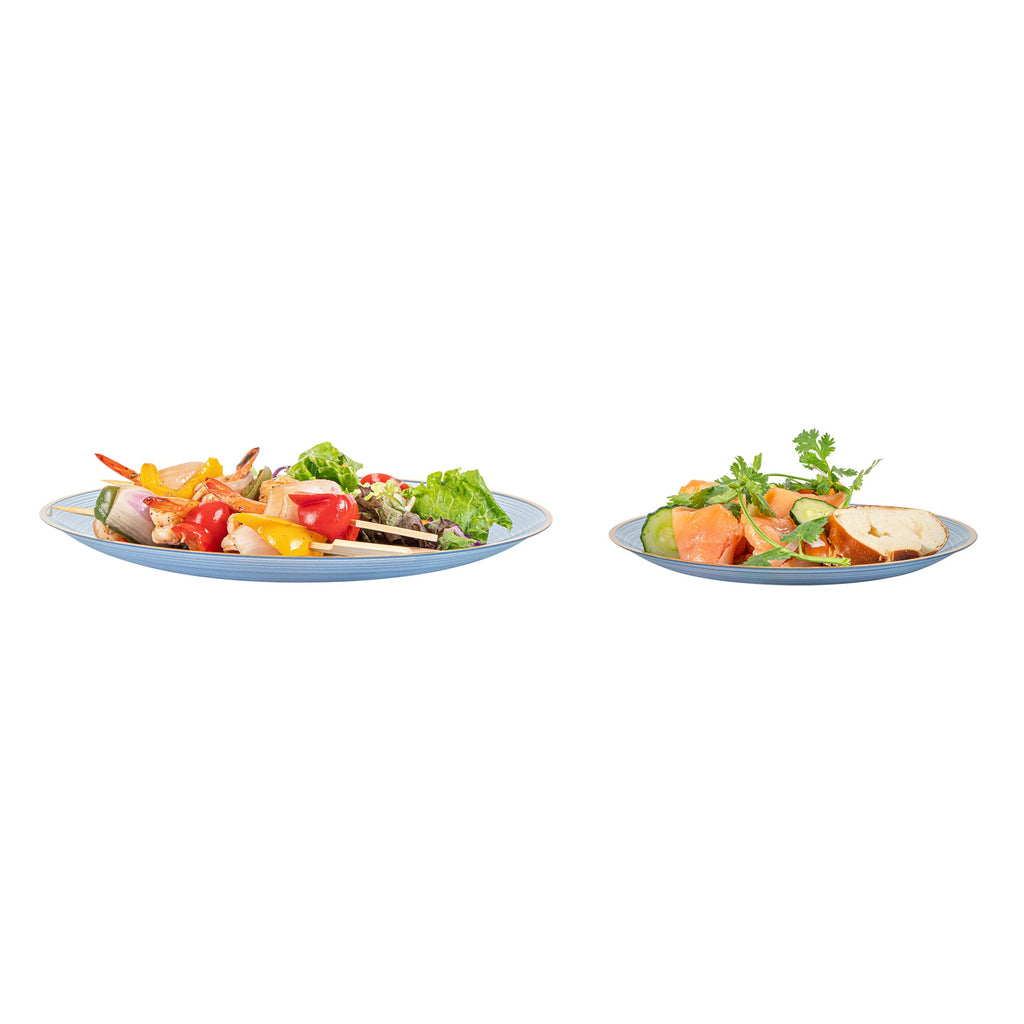 Moderna Round Blue Translucent Plastic Gold-Rimmed Plate Set - Rippled, Includes 7 1/4" and 10" Plates - 200 count box