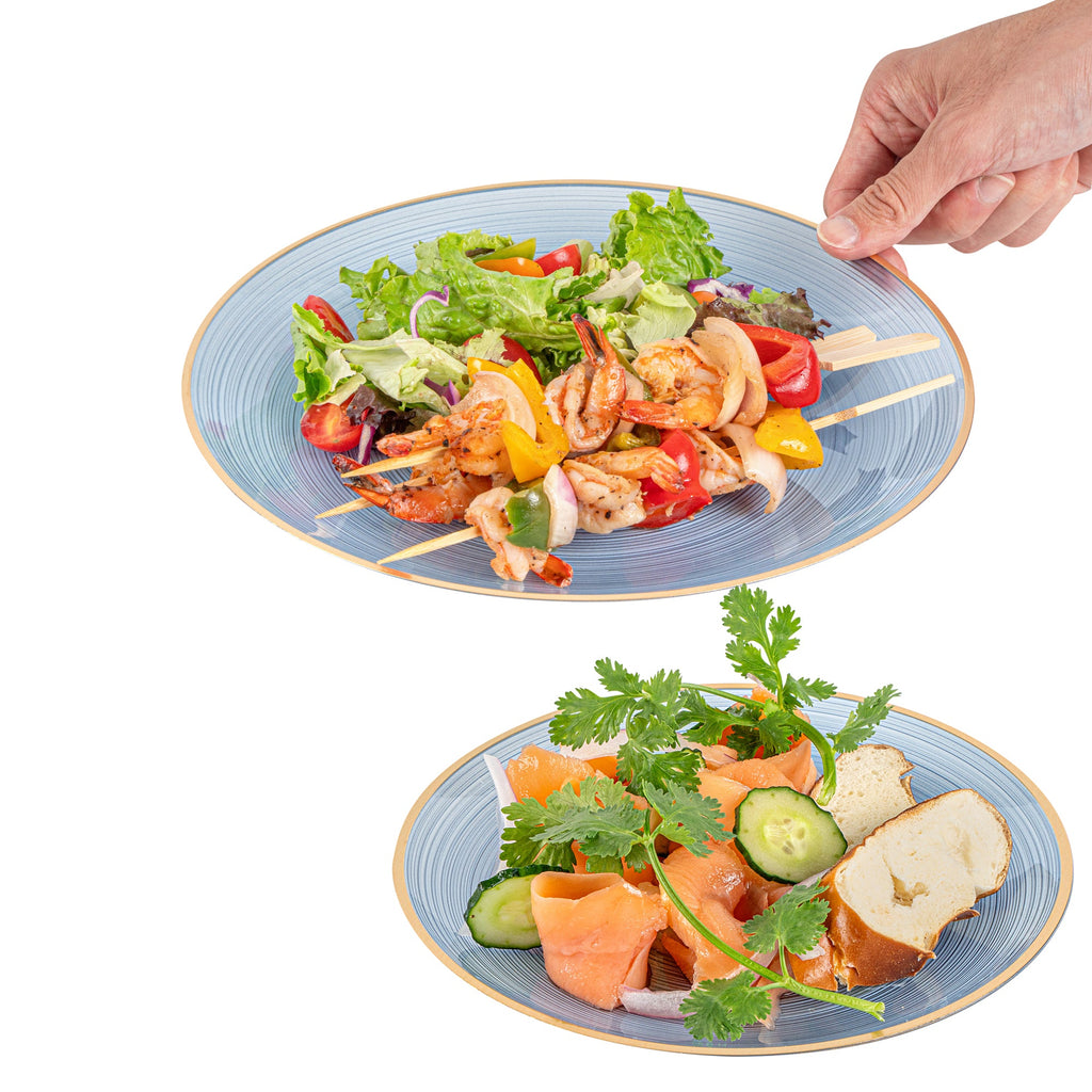 Moderna Round Blue Translucent Plastic Gold-Rimmed Plate Set - Rippled, Includes 7 1/4" and 10" Plates - 200 count box