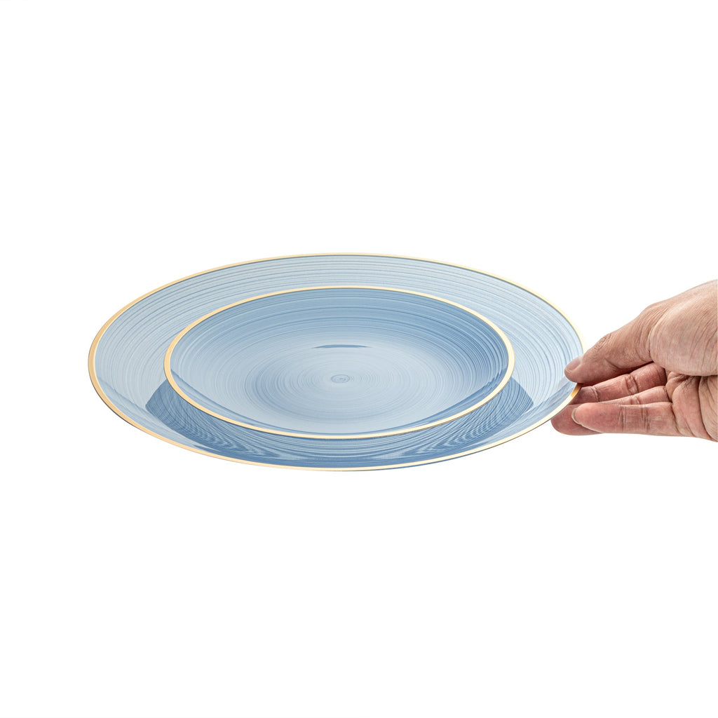 Moderna Round Blue Translucent Plastic Gold-Rimmed Plate Set - Rippled, Includes 7 1/4" and 10" Plates - 200 count box