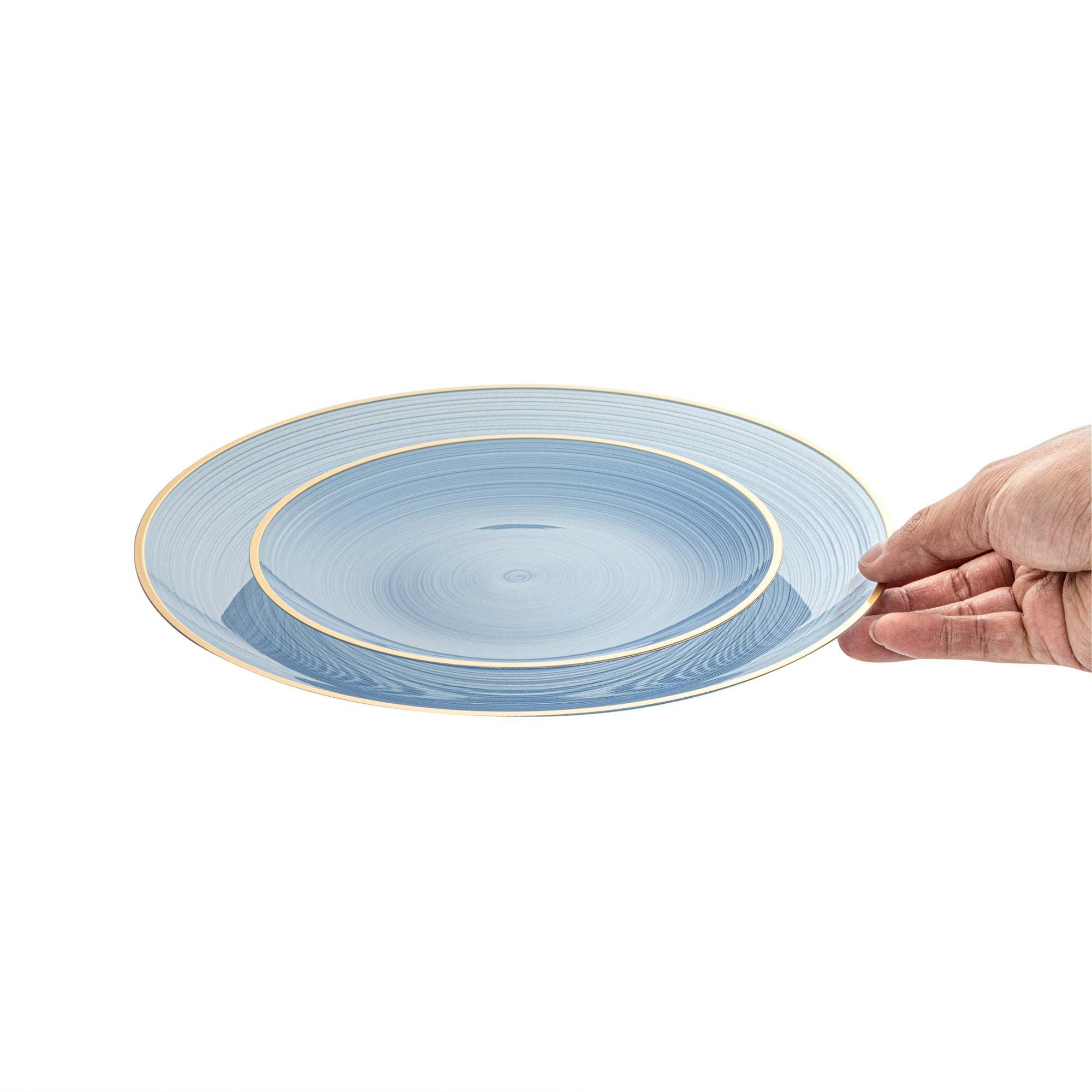 Moderna Round Blue Translucent Plastic Gold-Rimmed Plate Set - Rippled, Includes 7 1/4" and 10" Plates - 200 count box