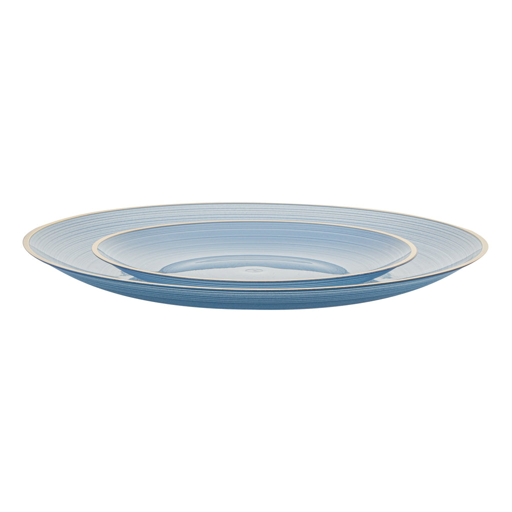 Moderna Round Blue Translucent Plastic Gold-Rimmed Plate Set - Rippled, Includes 7 1/4" and 10" Plates - 200 count box